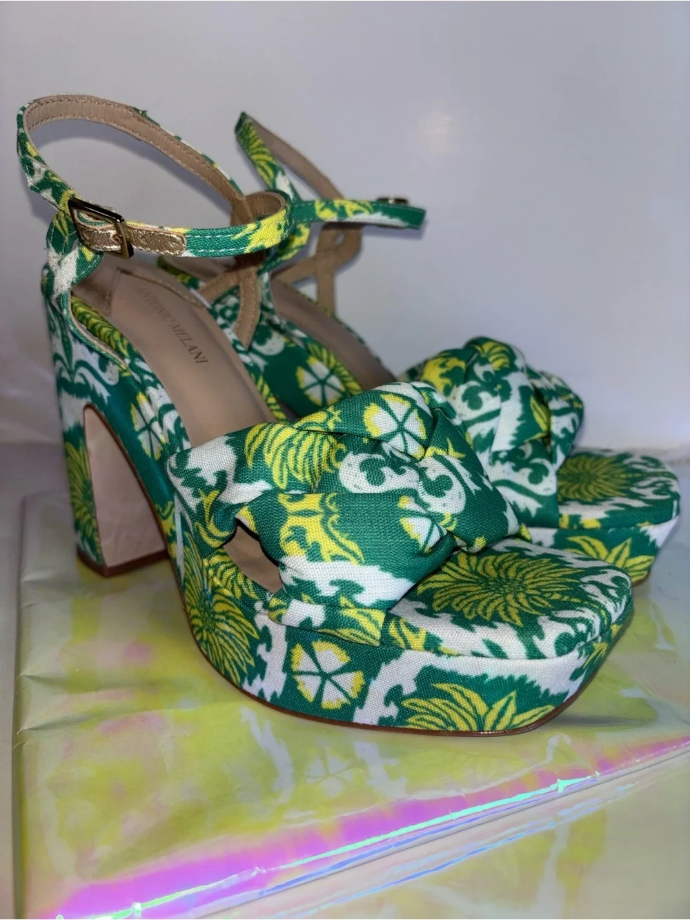 ANTONIO MELANI Green and Yellow Floral Platform Sandals